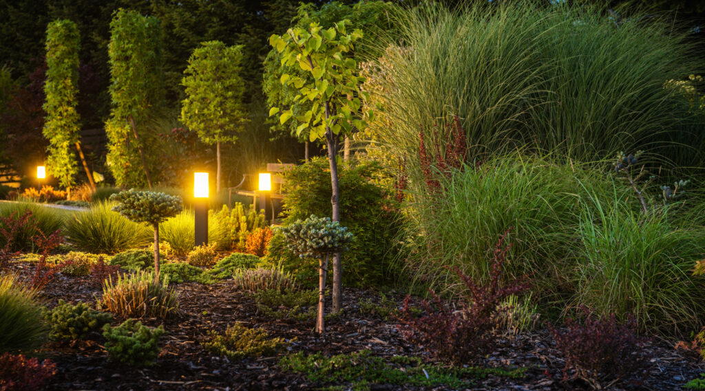 A beautifully landscaped garden at dusk with various plants, trees, and soft landscape lighting.