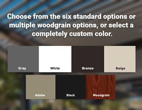 Color choices for StruXure pergola including Gray, White, Bronze, Beige, Adobe, Black, and Woodgrain.