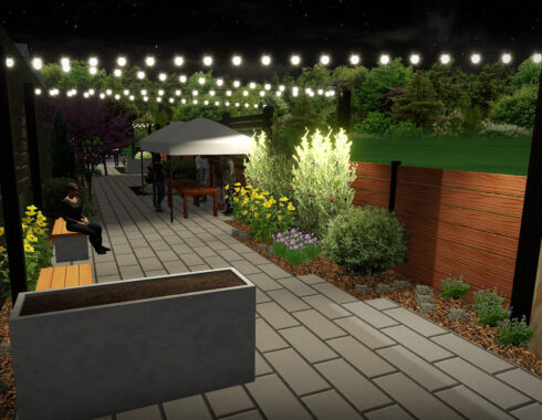 Nighttime 3D landscape design rendering featuring a patio with string lights, seating, and lush greenery.