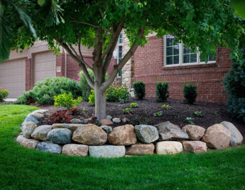 A well-landscaped front yard featuring a mature tree, stone border, and various plants and shrubs against a brick house.